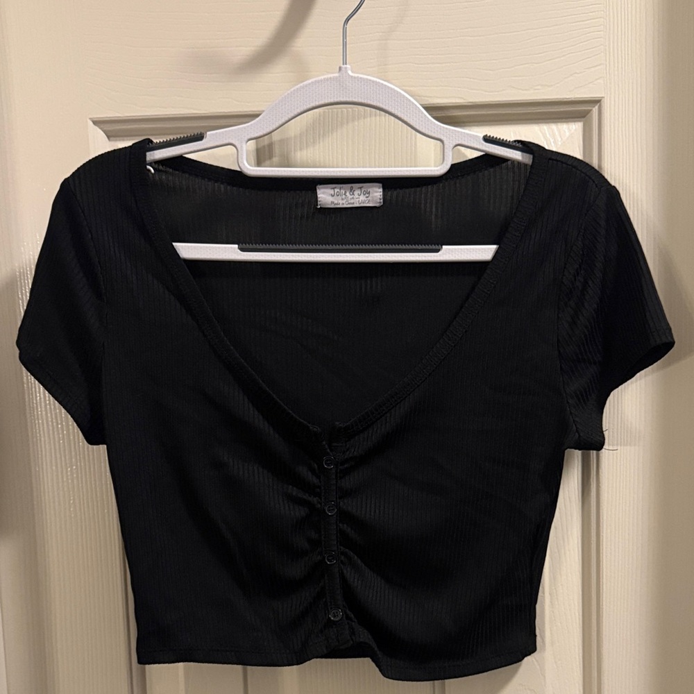 Black Button-Up Ribbed Crop Top